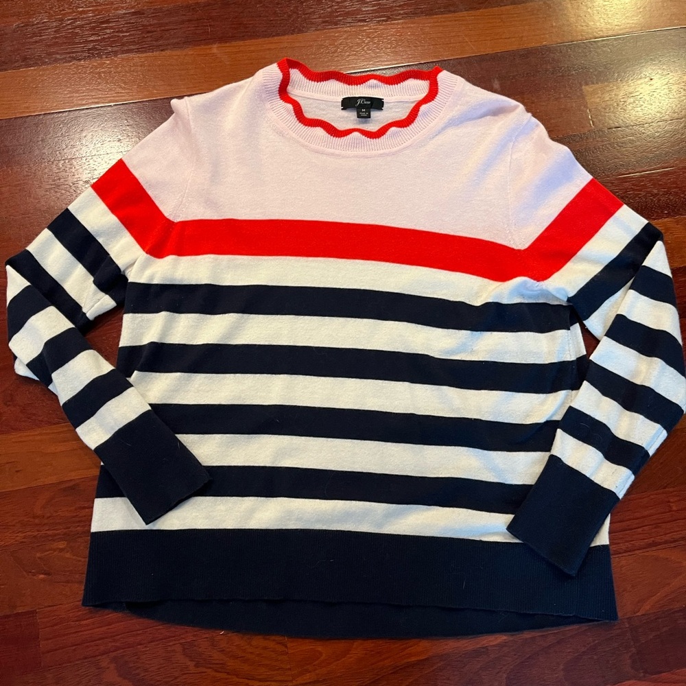 J. Crew Women's Crewneck Sweater - Red, White, and Navy Stripes Cotton/Merino